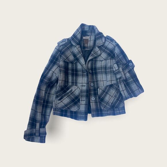 Ruff Hewn Stylish Wool Crop Jacket Blazer Casual Button Down Gray Plaid‎ - Picture 2 of 12